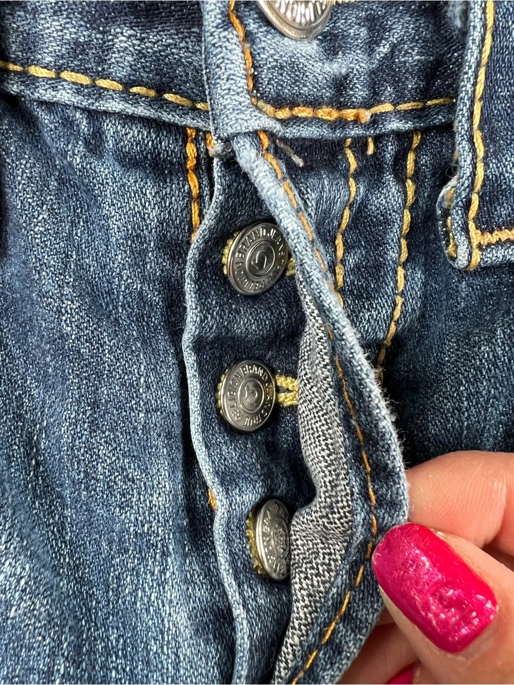 True Religion Dark Blue Denim Jeans with Yellow Contrast Stitching